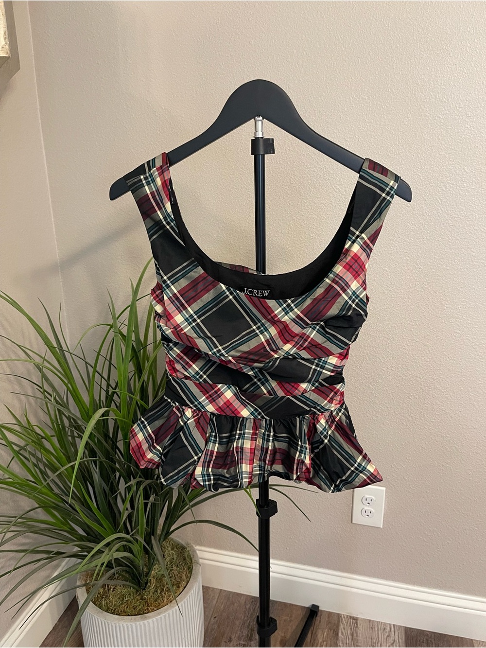 J. Crew Black and Red Plaid Peplum Camisole